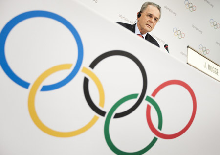 Jacques Rogge speaks at IOC headquarters in Lausanne