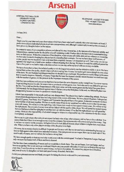 Arsene's heartfelt letter to unhappy Gunners supporter