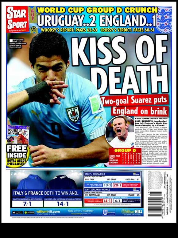 A crying Kai Rooney makes Sun front page, Backpages hail Luis Suarez’s brilliant brace after Uruguay 2 – England 1