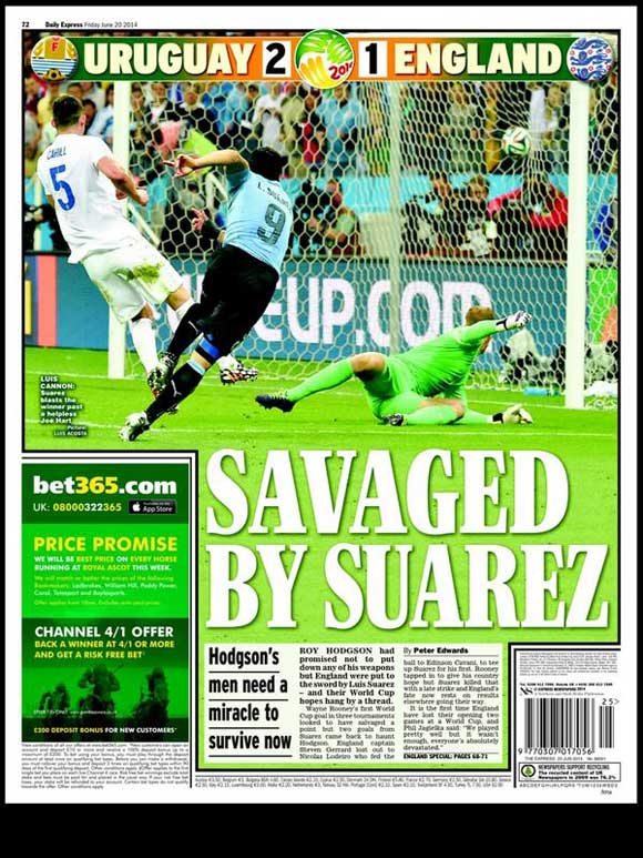 A crying Kai Rooney makes Sun front page, Backpages hail Luis Suarez’s brilliant brace after Uruguay 2 – England 1