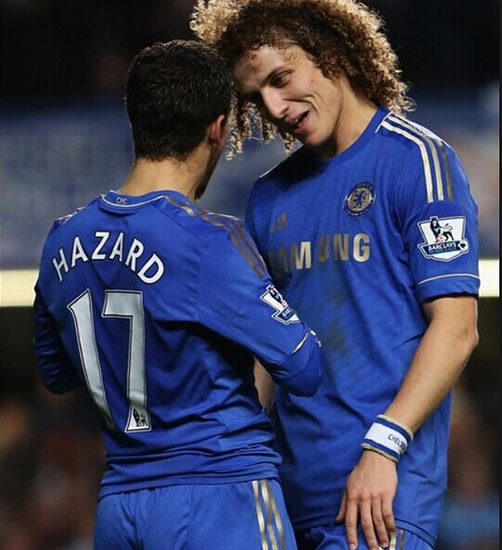 Eden Hazard & Demba Ba congratulate former Chelsea teammate David Luiz (Brazil) for winning goal v Colombia
