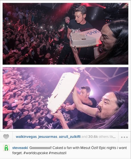 Arsenal’s Mesut Ozil party’s with Steve Aoki, duo cake fans at a gig