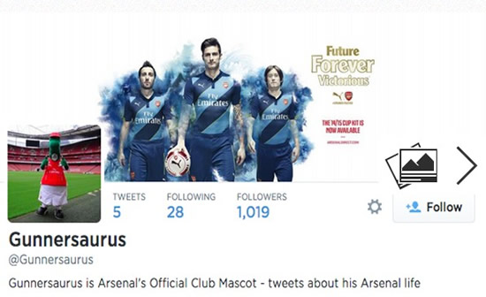 Arsenal's Gunnersaurus opens a Twitter account. Starts with ALS, picks Spurs & Chelsea mascots
