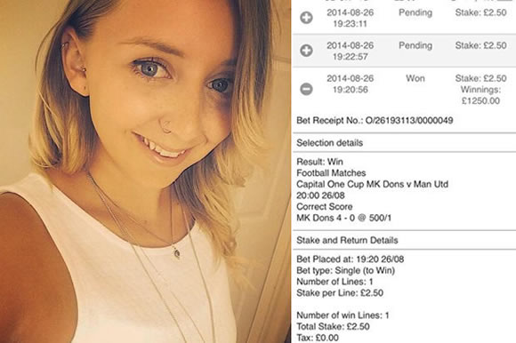 Blonde moment pays off! Man Utd fan wins £1,250 from £2.50 bet on wrong team