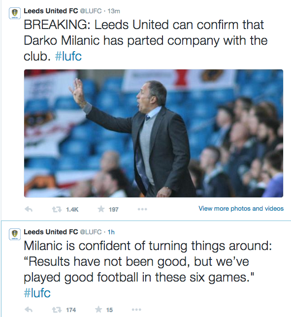 Leeds’ Twitter announce manager sacked; Tweet before said ‘Milanic is confident of turning things around'