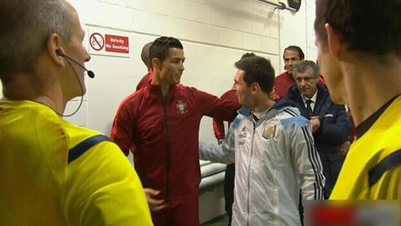 PAIR LOOKED SURPRISINGLY PALLY BEFORE ARGENTINA-PORTUGAL MATCH - Ronaldo and Messi let bygones be bygones