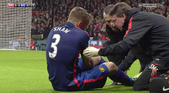 Man United's Luke Shaw leaves Arsenal wearing a protective boot & on crutches