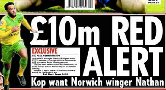 Liverpool linked to £10m bid for Norwich's Nathan Redmond in the Sunday Star