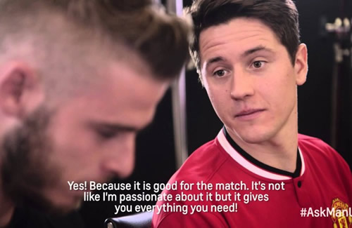Herrera laughs about his tiny guns in Man Utd Q&A with De Gea, Anderson makes a 1 second cameo!