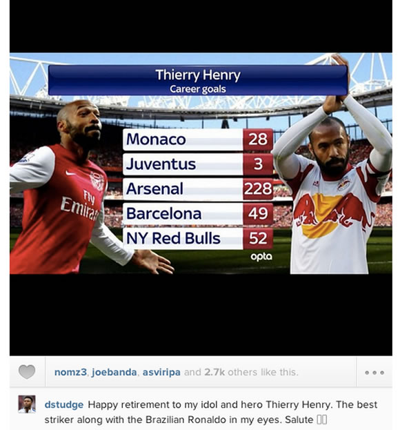 Liverpool striker Daniel Sturridge eulogises his “idol” Thierry Henry on Instagram