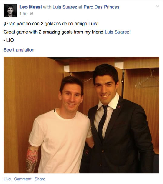 Leo Messi pays homage to Barcelona teammate Luis Suarez after MOTM display v PSG