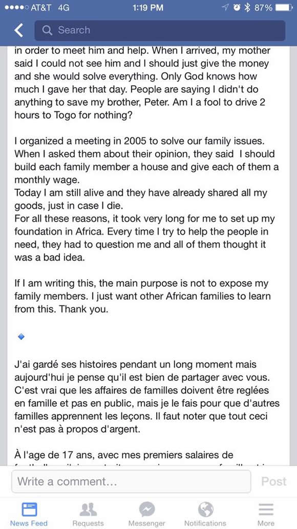 Tottenham’s Emmanuel Adebayor openly talks about his family problems on Facebook. Accusations fly