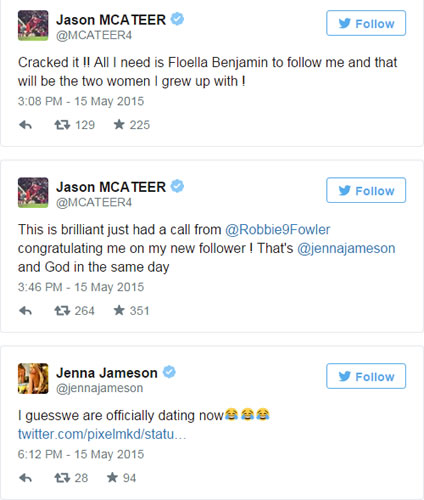 Legendary pornstar Jenna Jameson is on a Twitter footballer following spree, McAteer gets excited