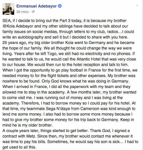 Spurs' Emmanuel Adebayor accuses brothers of putting a knife to his throat to extort money