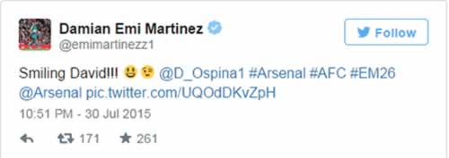 Arsenal goalkeeper posts snap with ‘smiling’ David Ospina