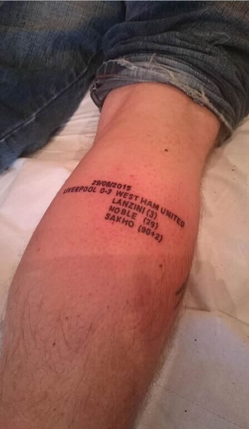 West Ham fan gets tattoo of scoreline after win at Liverpool