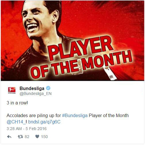 Leverkusen's Chicharito voted Bundesliga Player of the Month for the 3rd time this season
