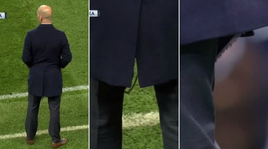 Real Madrid manager Zinedine Zidane splits his trousers during UCL clash with Man City