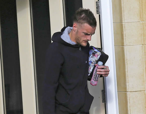Spotted: Jamie Vardy leaves his house (Lucozade in hand) after Leicester's title party