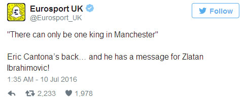 Zlatan Ibrahimovic responds to Eric Cantona's 'The King Of Manchester' claim