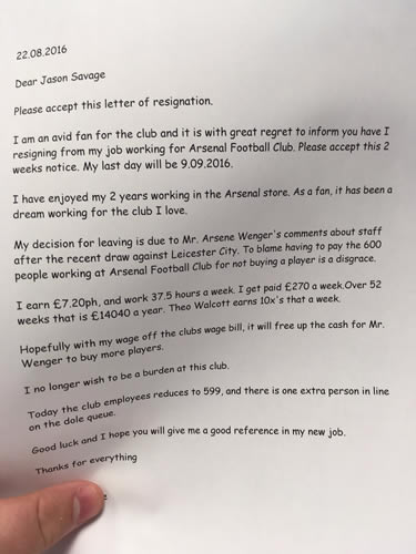 This letter from an Arsenal employee about Arsene Wenger is going viral