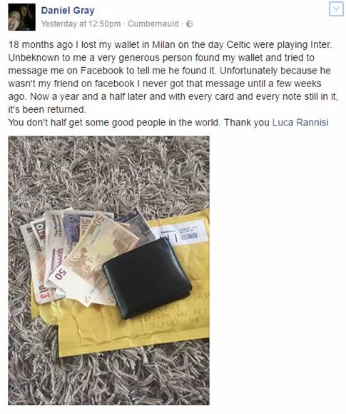 Celtic fan gets wallet returned 18 months after losing it during Inter Milan away trip