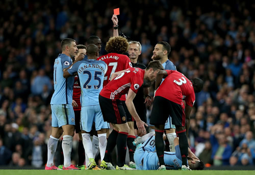 Manchester City 0 - 0 Manchester United: Marouane Fellaini sees red in goalless Manchester derby