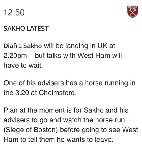Diafra Sakho’s West Ham exit delayed because of a horse