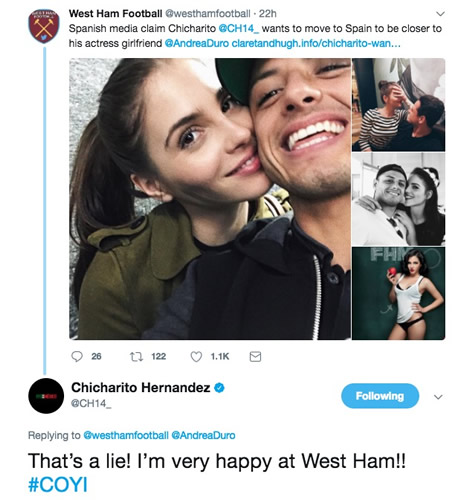 Javier Hernandez responds to West Ham & girlfriend Andrea Duro rumour