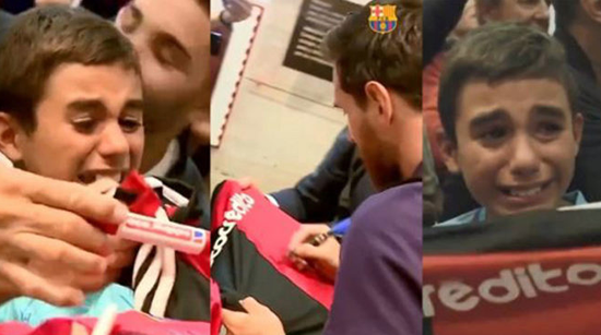 Young fan is overcome with emotion at receiving Lionel Messi's autograph