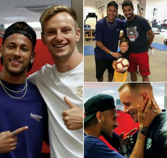Neymar visits his former teammates in Barcelona