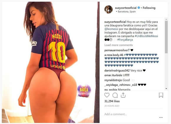 Ex-Miss BumBum Suzy Cortez celebrates Lionel Messi unblocking her on Instagram with sexy Barcelona-themed shoot