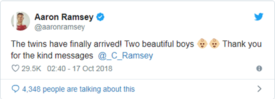 Aaron Ramsey confirms wife Colleen has given birth to twins as Wales beat Ireland