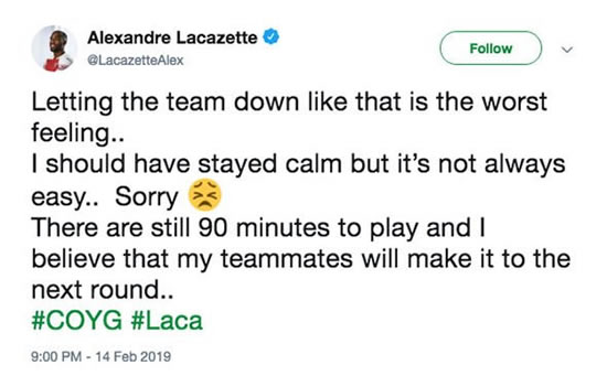 Alexandre Lacazette: Arsenal star sends message to fans after BATE red card