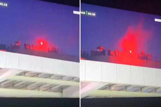 AIR FORCE FAN Porto fans sneak onto stadium ROOF with flares to watch Maritimo clash despite Covid-19 restrictions