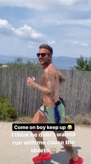 David Beckham flashes bulge in teeny silk shorts during sweaty shirtless jog