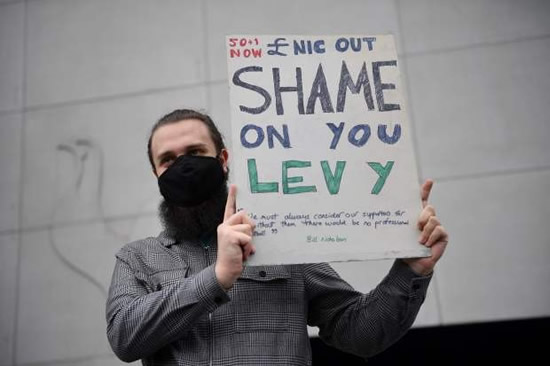 SPUR OF THE MOMENT Raging Tottenham fans protest outside of stadium with ‘Levy Out’ banners ahead of Southampton clash