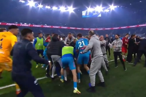 Russian footballers in mad 65-man brawl as they kick, punch and fight on the floor