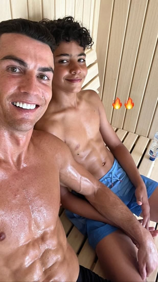 Cristiano Ronaldo shows off insane six-pack aged 38 as he and son Cristiano Jr relax in sauna