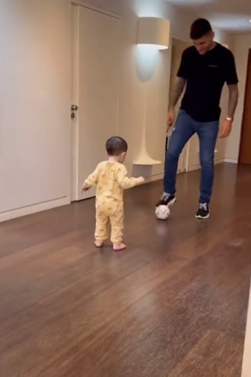 'Even his own baby isn't safe' – Watch Cristian Romero slide tackle his own SON as Tottenham star teaches kid football