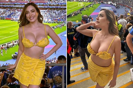 Body paint-wearing Napoli fan almost bulges out of tiny bralet at Champions League final