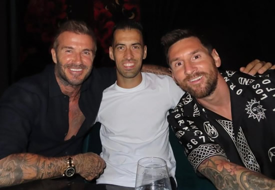 BECK & CALL David Beckham, Lionel Messi and Sergio Busquets take Wags out for dinner as fans claim ‘too many legends in one picture’