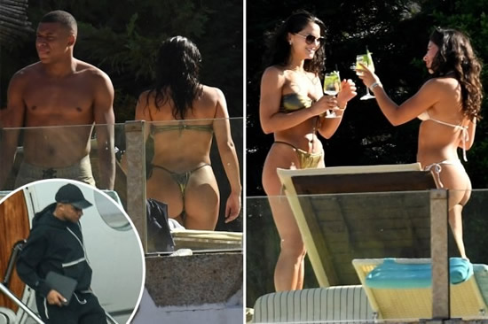 Kylian Mbappe jets off on holiday with two stunning bikini-clad friends as topless PSG ace soaks up rays in Sardinia