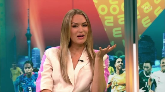 LAU & BEHOLD Laura Woods told she ‘looks amazing’ as ITV host stuns in bold cream and pink outfit for Women’s World Cup coverage