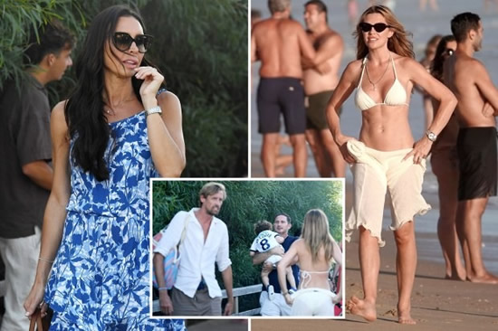 Abbey Clancy and Christine Lampard have holiday lunch with their ex-England team-mate husbands and adorable kids