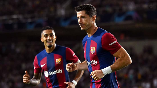 Barcelona striker Robert Lewandowski volleys home 100th European goal to join Lionel Messi and Cristiano Ronaldo in exclusive club
