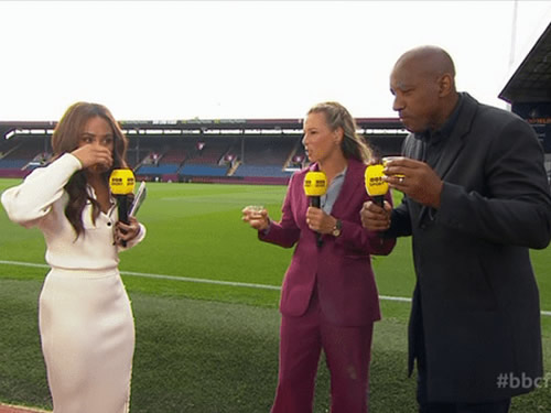Alex Scott stuns fans in bold outfit as she gets on the booze early live on BBC Football Focus in elegant cream dress