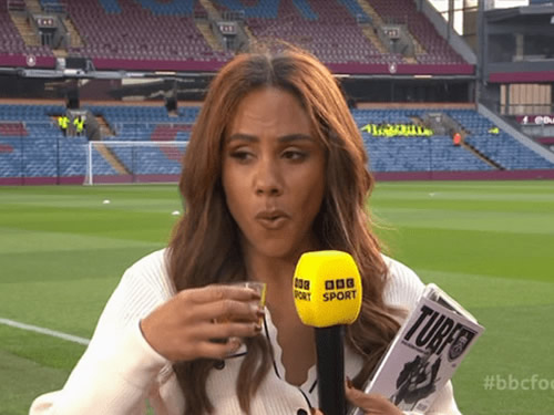 Alex Scott stuns fans in bold outfit as she gets on the booze early live on BBC Football Focus in elegant cream dress