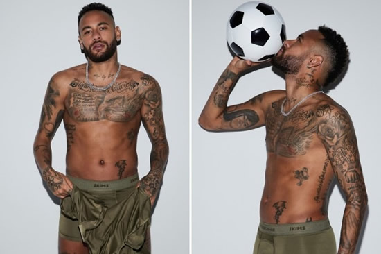 Injured Neymar strips to boxers and shows off his tattoos as he poses to plug Kim Kardashian's SKIMS underwear