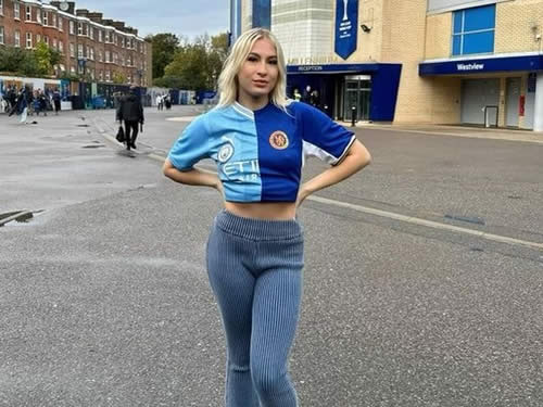 Chelsea fan Astrid Wett wears half-and-half shirt to Stamford Bridge for Man City clash